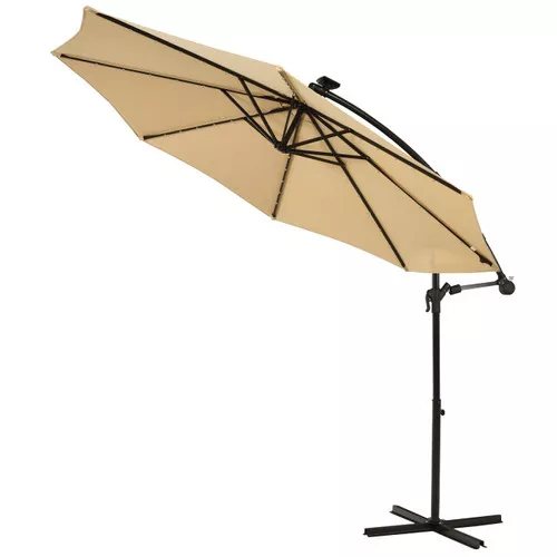 10 Ft Solar LED Offset Umbrella with 40 Lights and Cross Base for Patio