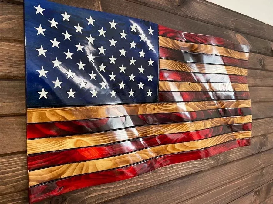 3-D Rustic Wooden Waving USA Marine Flag