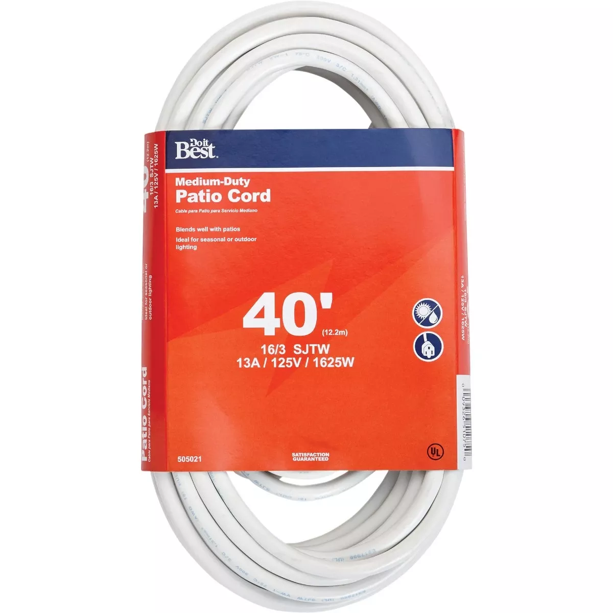 40 Feet 16/3 Medium-duty White Patio Extension Cord For Outdoor Use