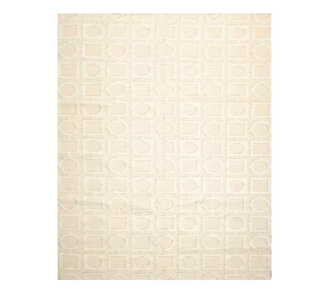 7'11'' x 9'11'' Hand Knotted Tibetan Cotton & Silk Designer Geometric Area Rug Beige