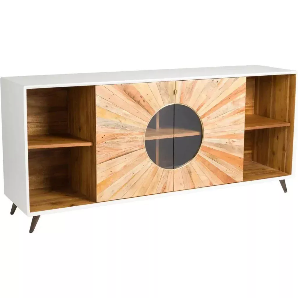 71" White Brown Wood Glass Doors Shelves Sideboard