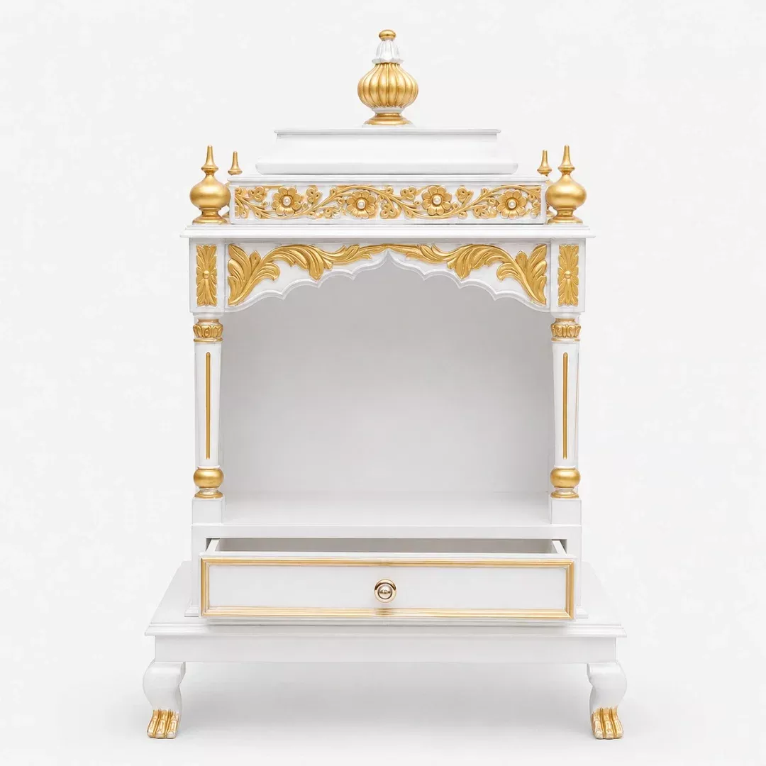 Aaradhana Medium Floor Rested Pooja Mandir (White Gold)