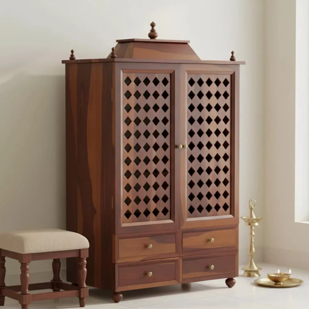 Aarvith Teak Wood Pooja Mandap with Door (Teak)