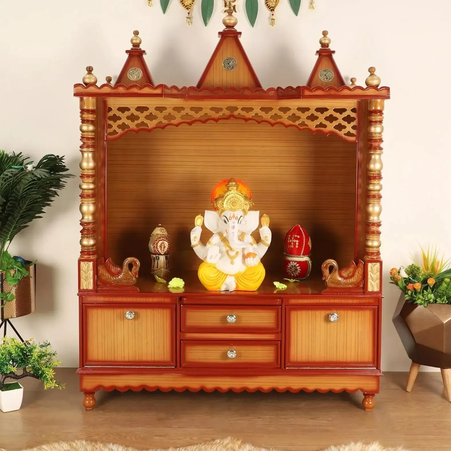 Abhikya Kostha Floor Rested Pooja Mandir without Door (Teak Gold)