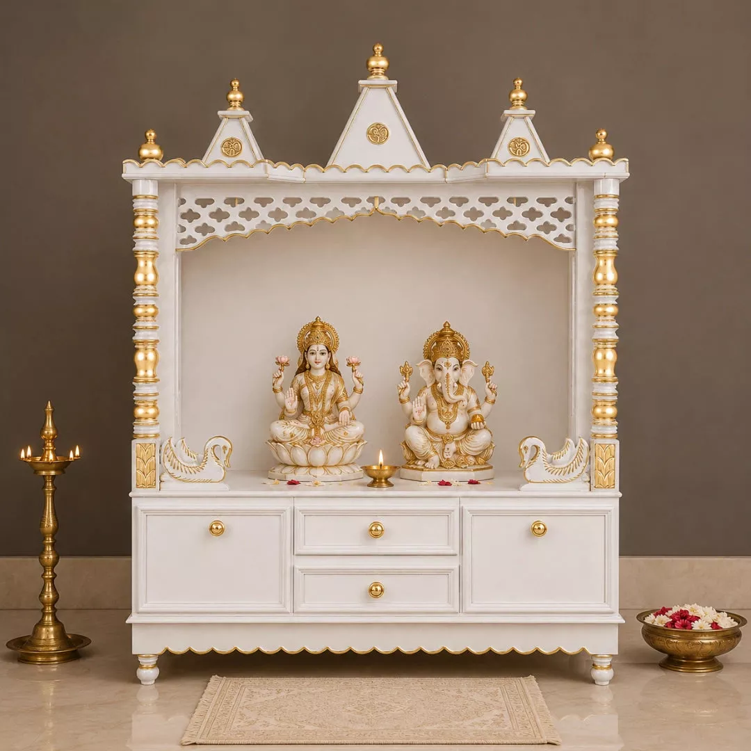 Abhikya Kostha Floor Rested Pooja Mandir without Door (White Gold)