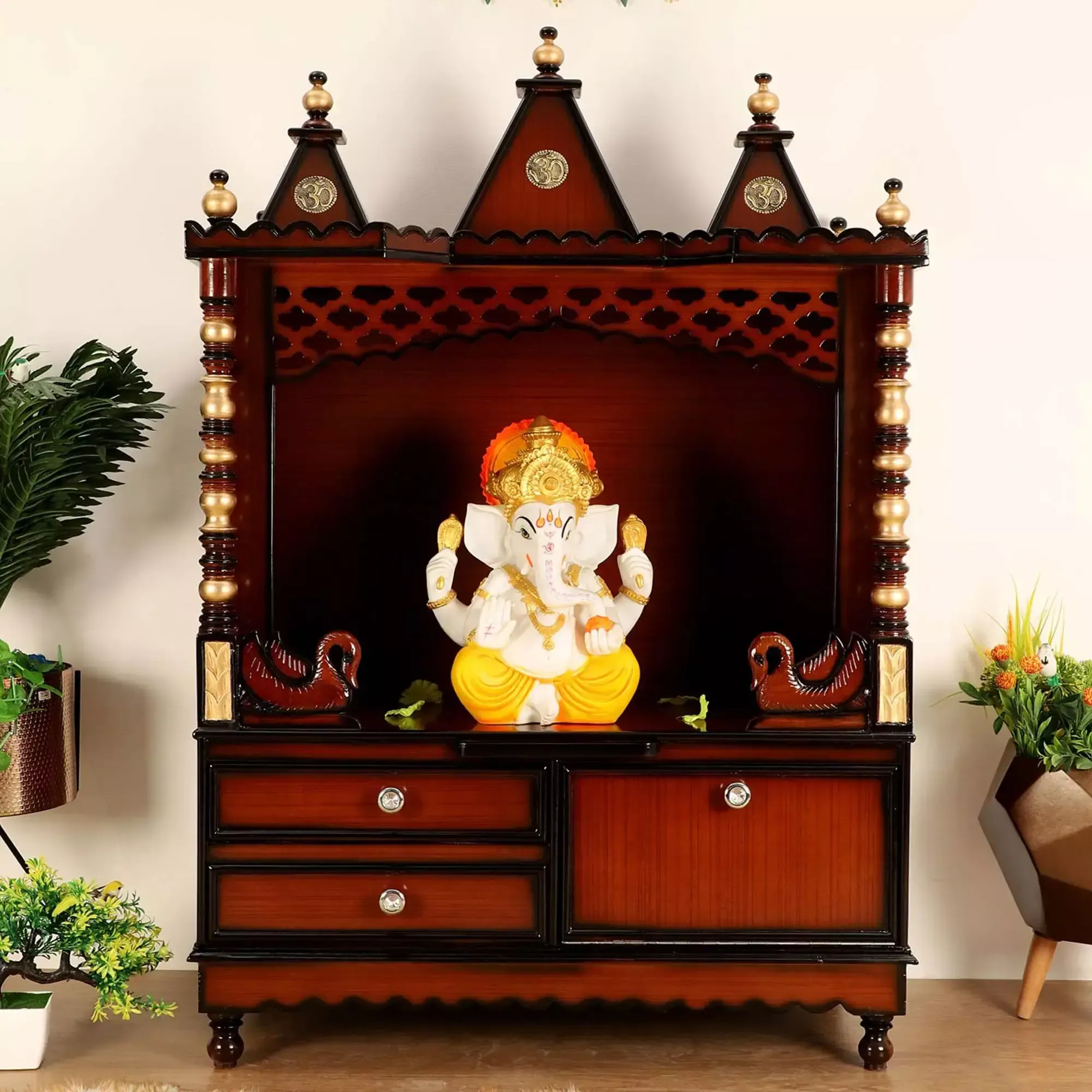 Abhikya Sthana Floor Rested Pooja Mandir without Door (Brown Gold)