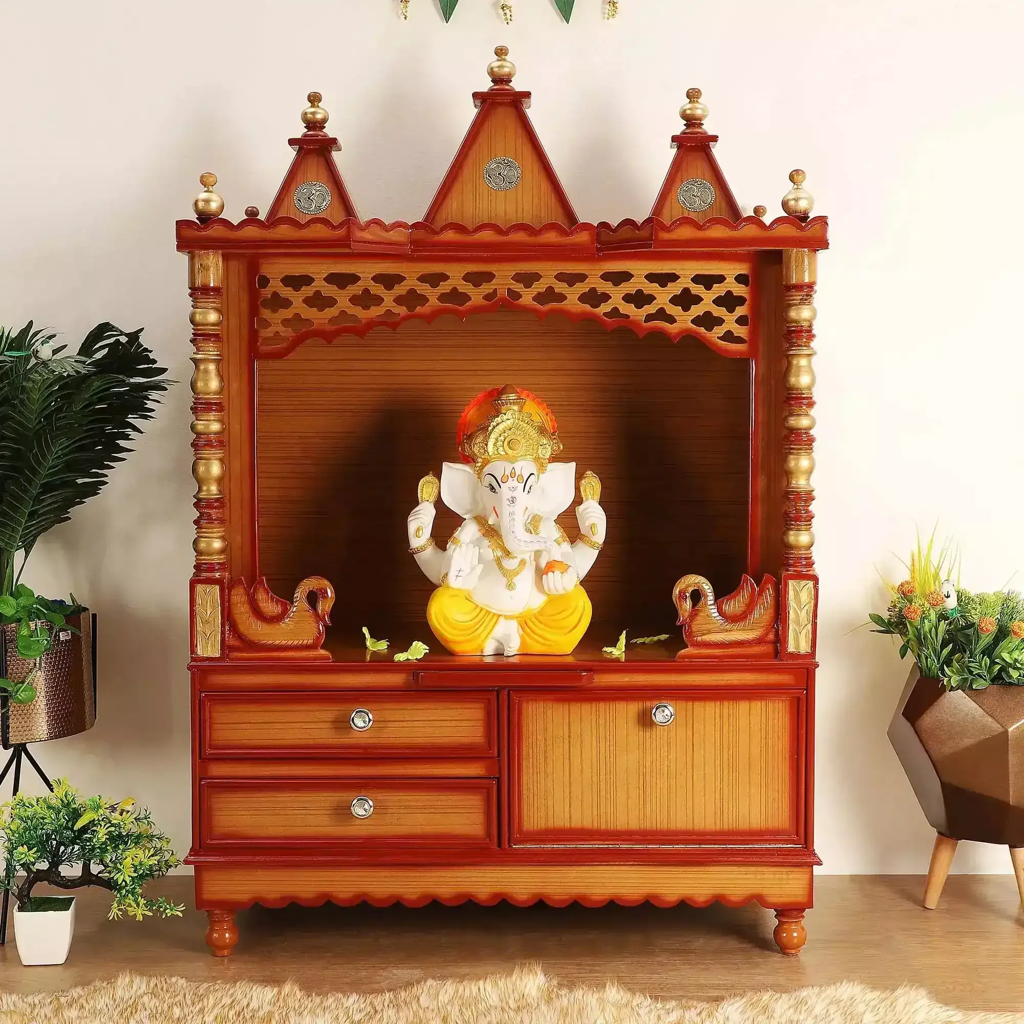 Abhikya Sthana Floor Rested Pooja Mandir without Door (Teak Gold)