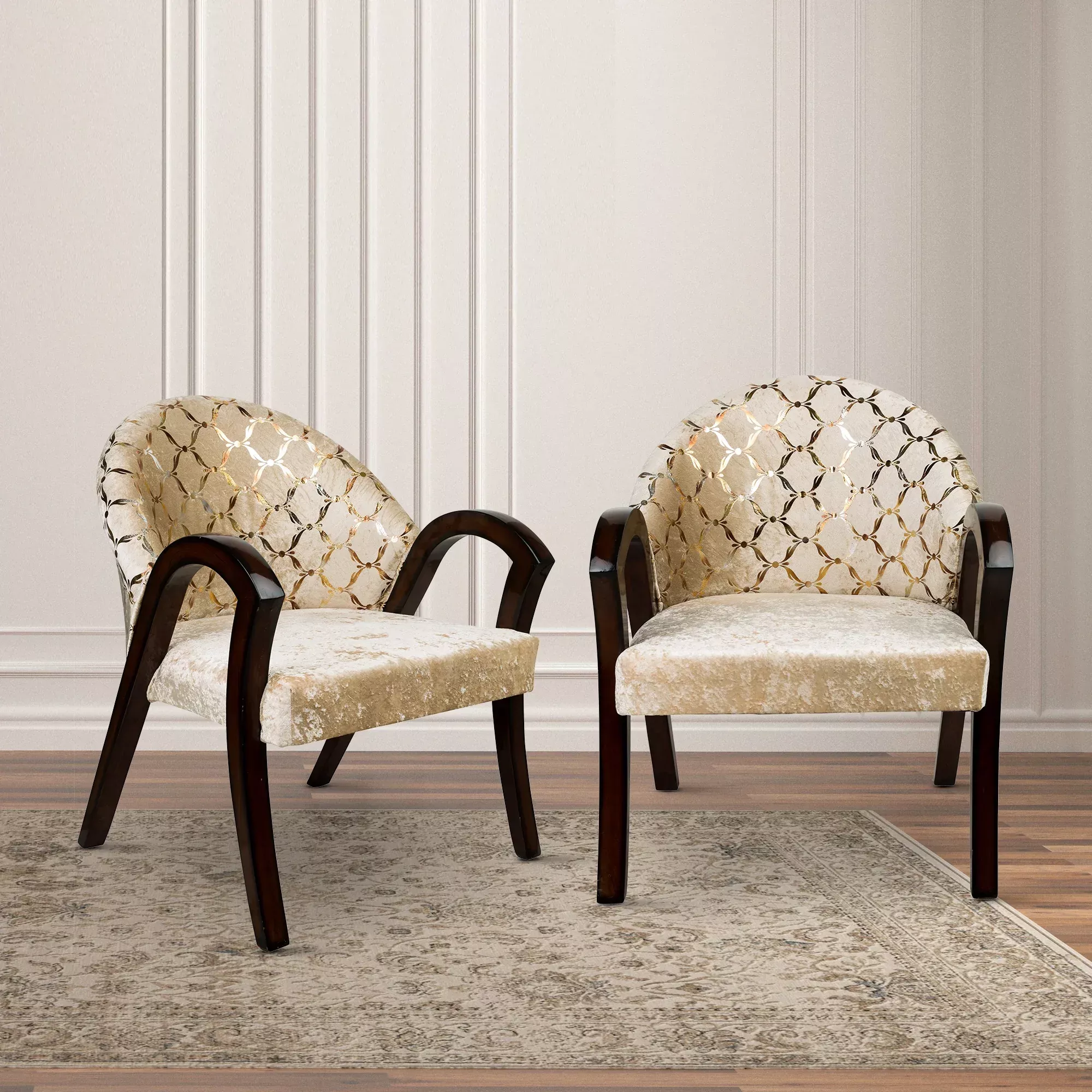 Alteza Teak Wood Fabric Upholstered Arm Chairs (Brown Beige)