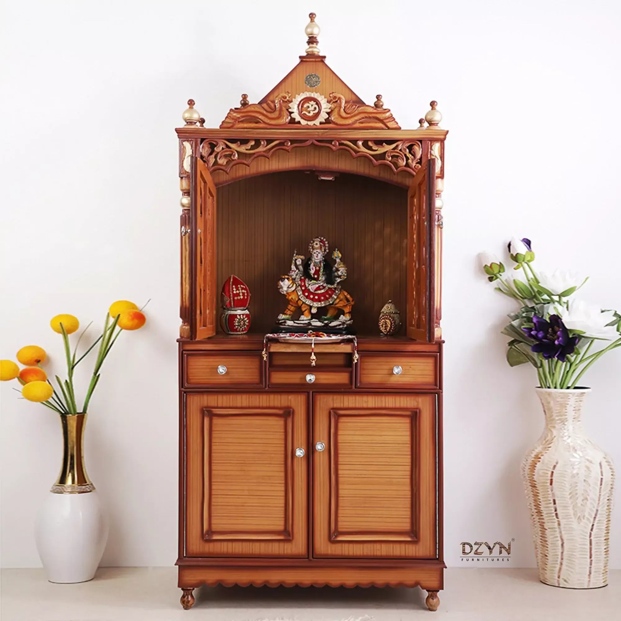 Antarusya Large Floor Rested Pooja Mandap with Door (Teak Gold)