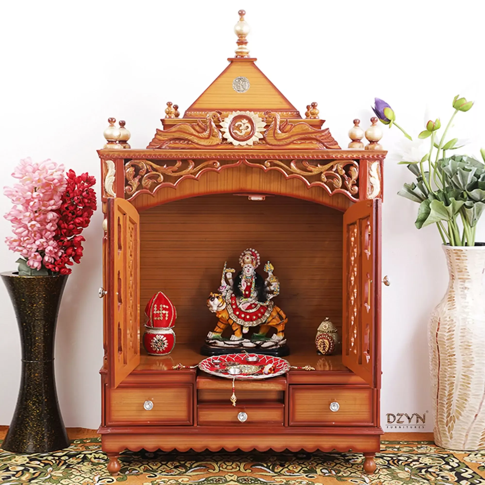 Antarusya Large Floor Rested Pooja Mandir with Door (Teak Gold)