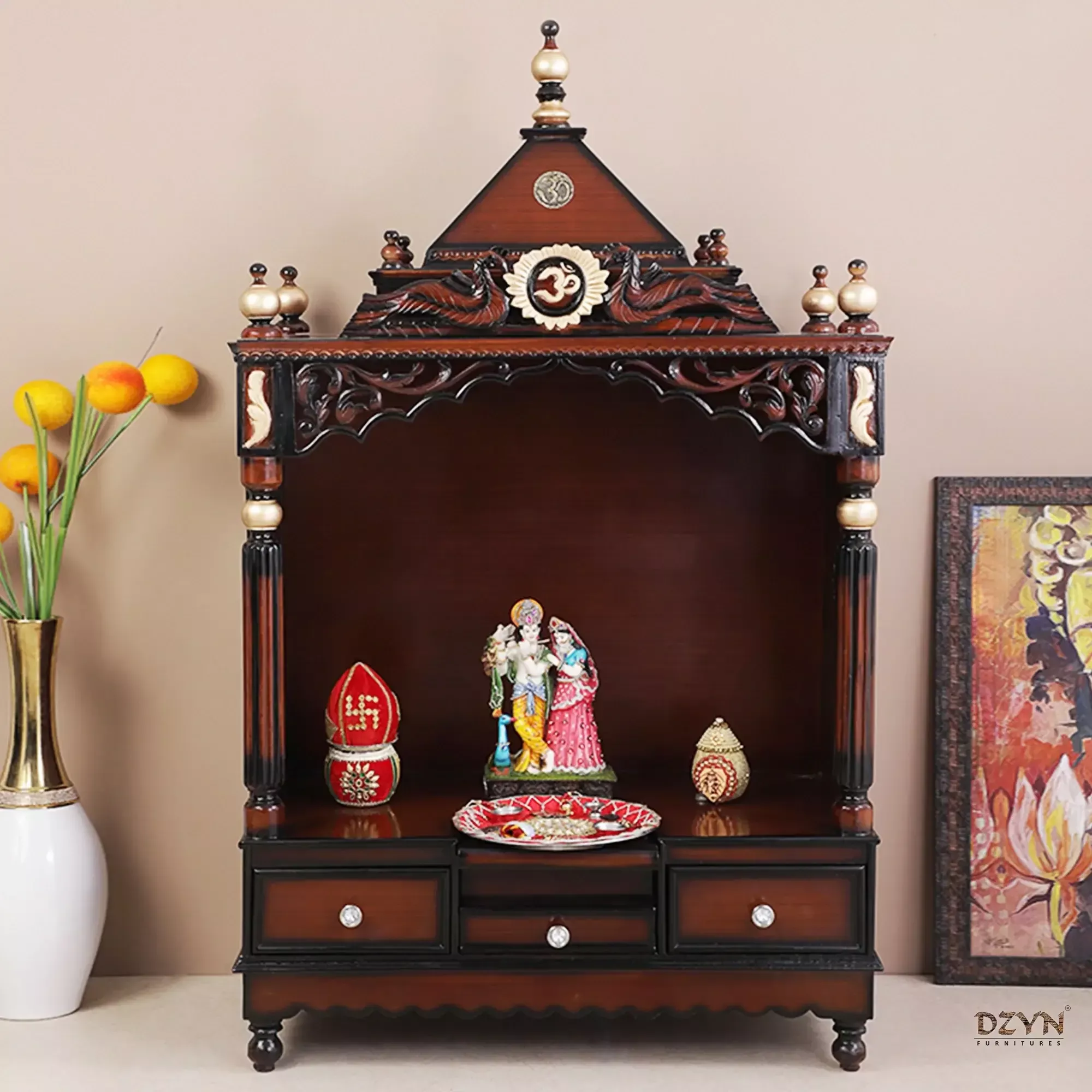 Antarusya Large Floor Rested Pooja Mandir without Door (Brown Gold)