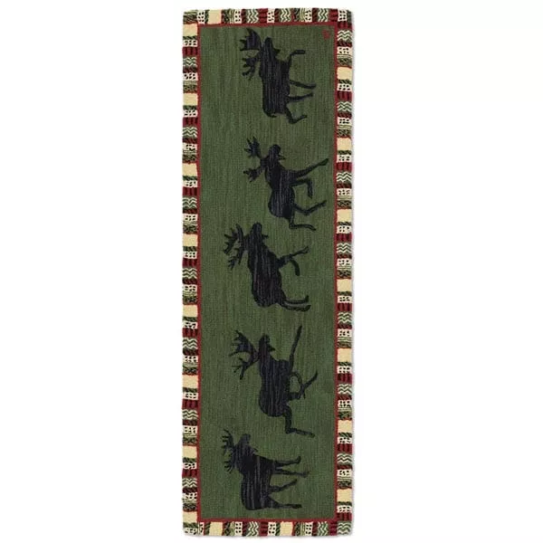 Argyle Green Moose Hooked Wool Runner