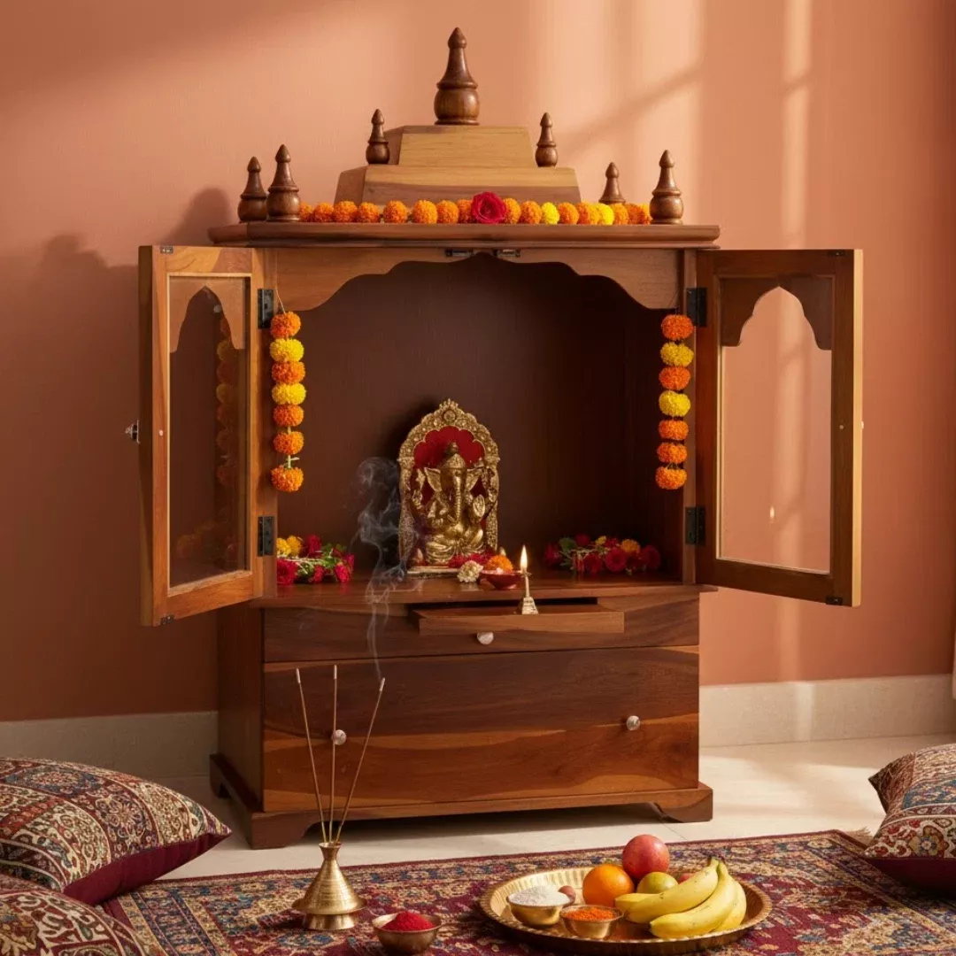 Aumesh Teak Wood Pooja Mandir with Door (Teak)