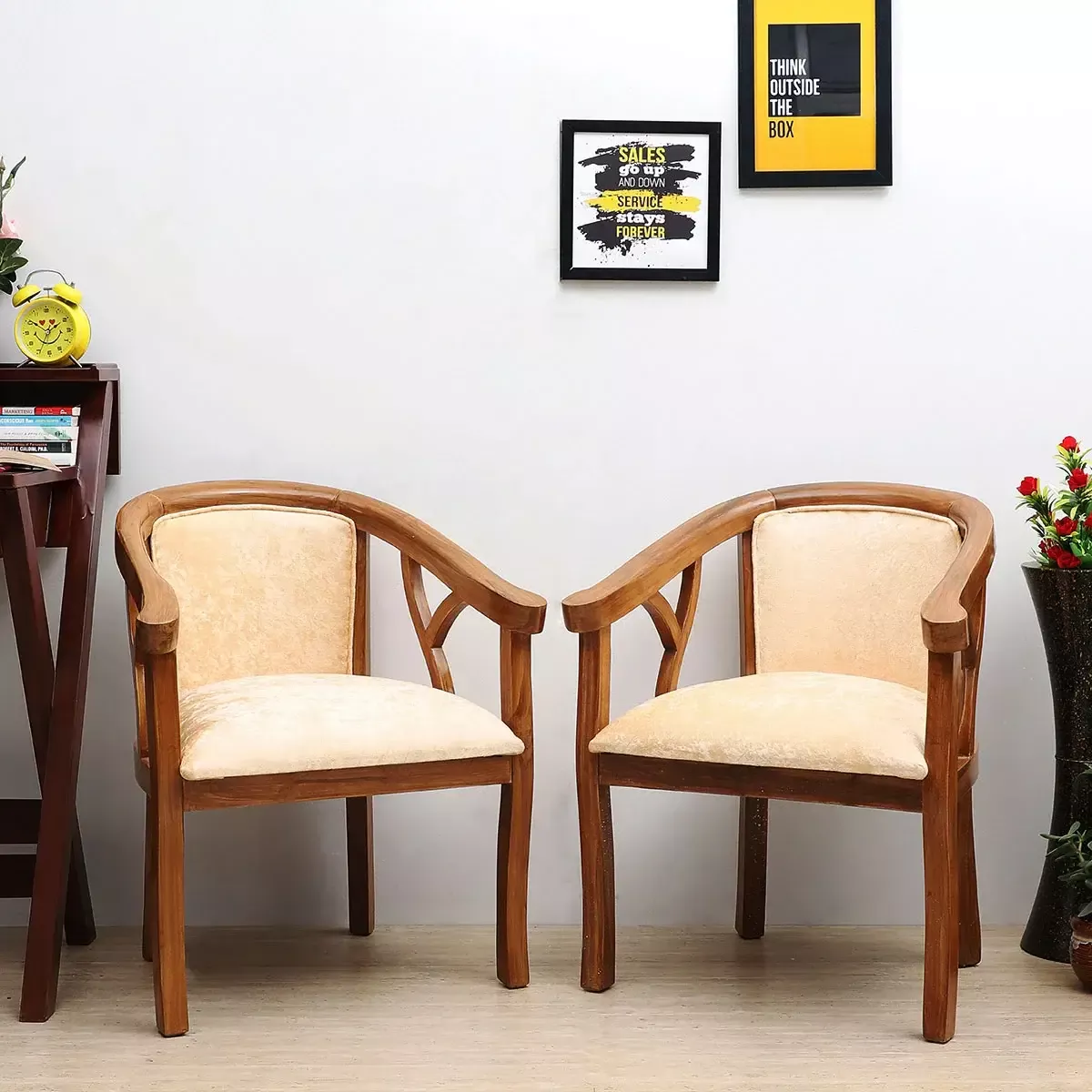 Comfy Teak Wood Fabric Upholstered Arm Chairs (Teak-Beige)