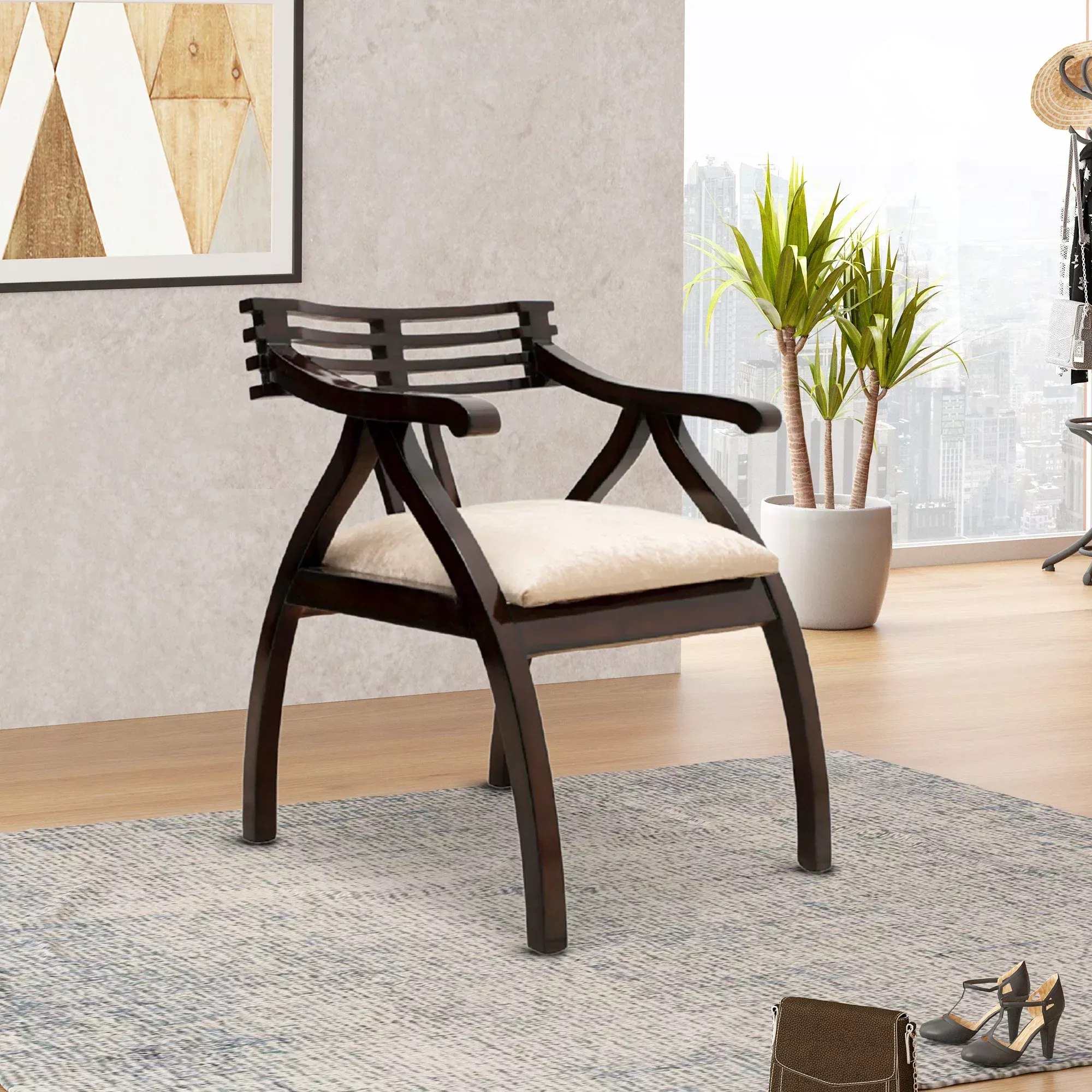Cubico Teak Wood Arm Chairs (Brown Silver)