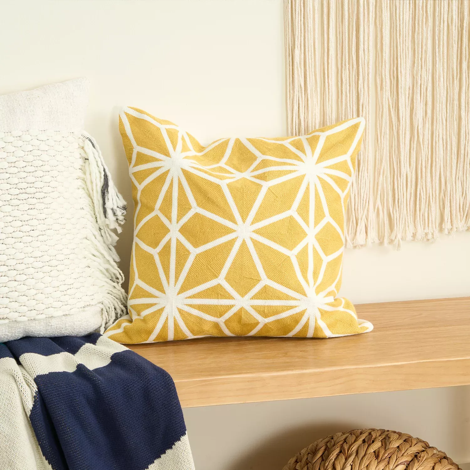 Diamond Tiles Golden Mustard Geometric Cushion Cover with Hidden Zipper