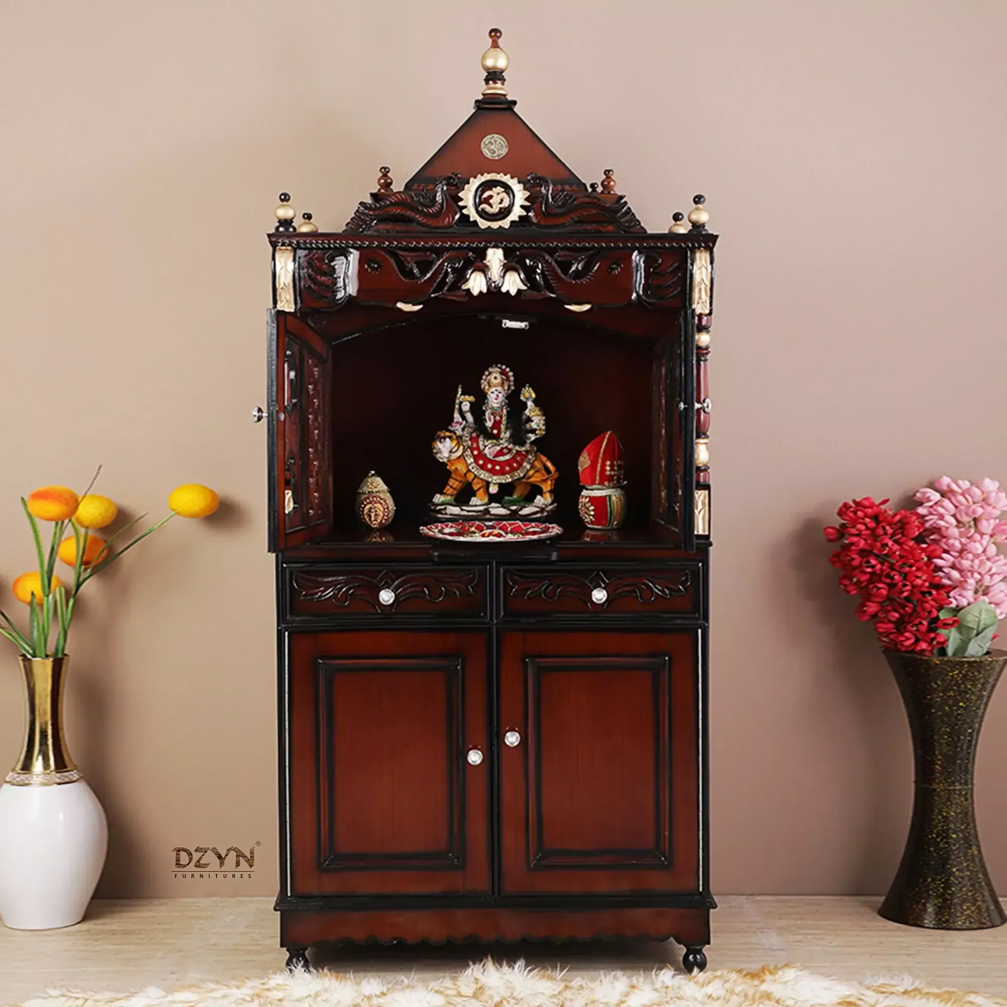 Divine Palace Large Floor Rested Pooja Mandap with Door (Brown Gold)