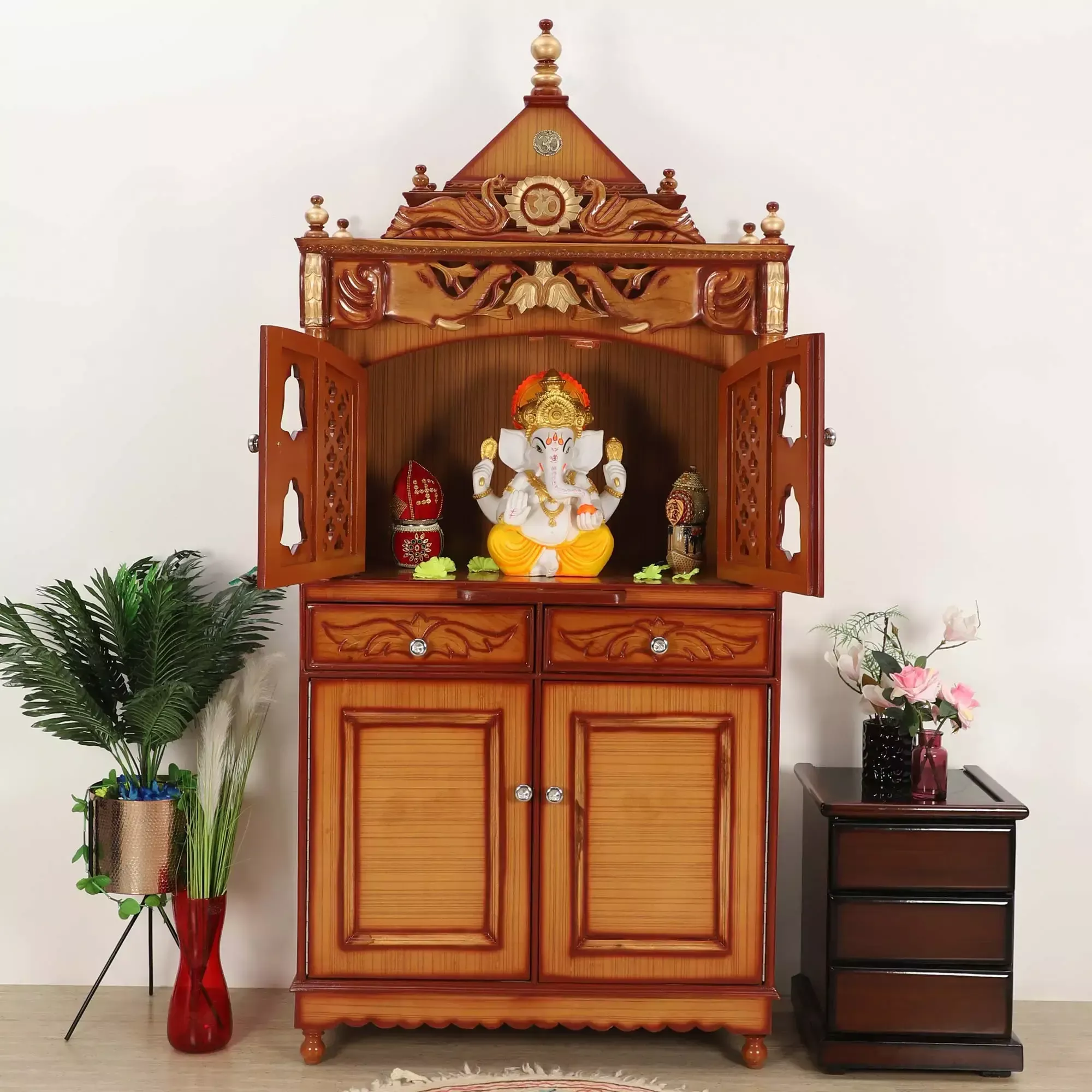 Divine Palace Large Floor Rested Pooja Mandap with Door (Teak Gold)