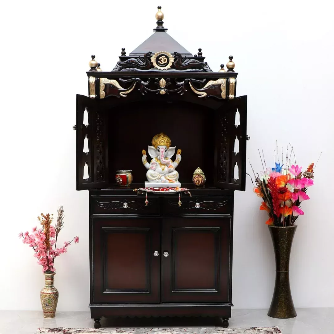 Divya Dham Large Floor Rested Pooja Mandap with Door (Brown Gold)
