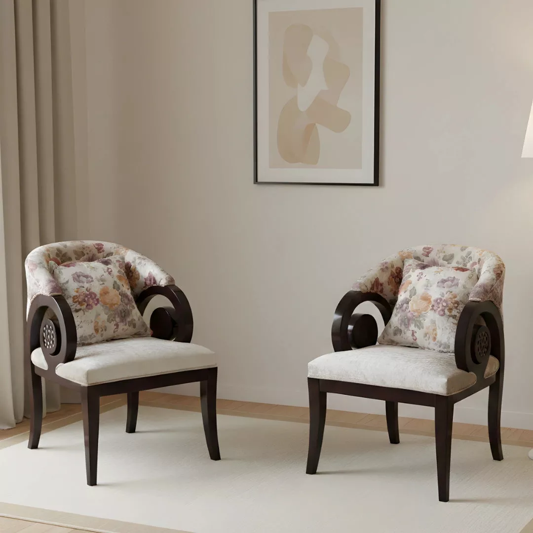 Ellipsum Teak Wood Fabric Upholstered Arm Chairs (Brown)