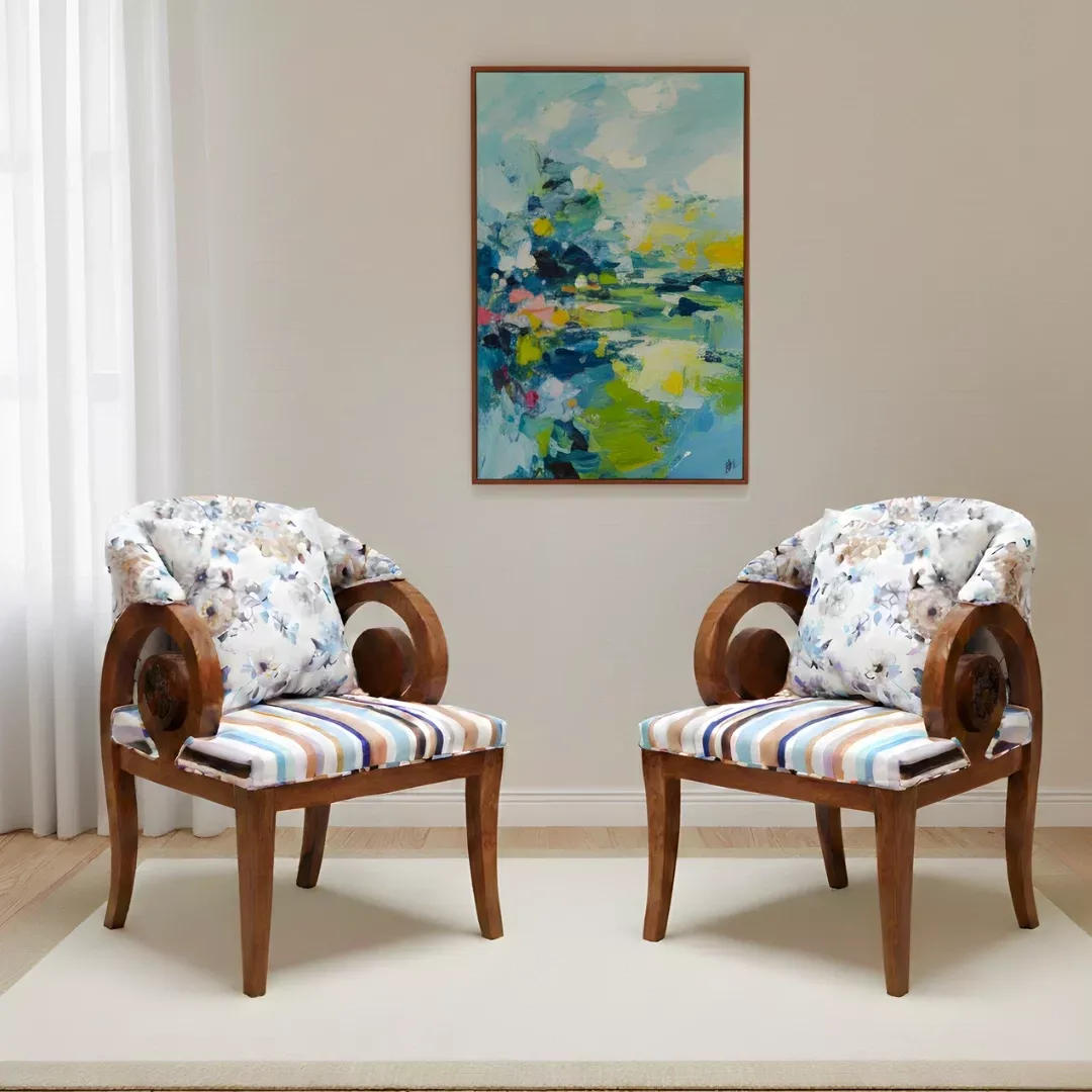 Ellipsum Teak Wood Fabric Upholstered Arm Chairs (Teak)