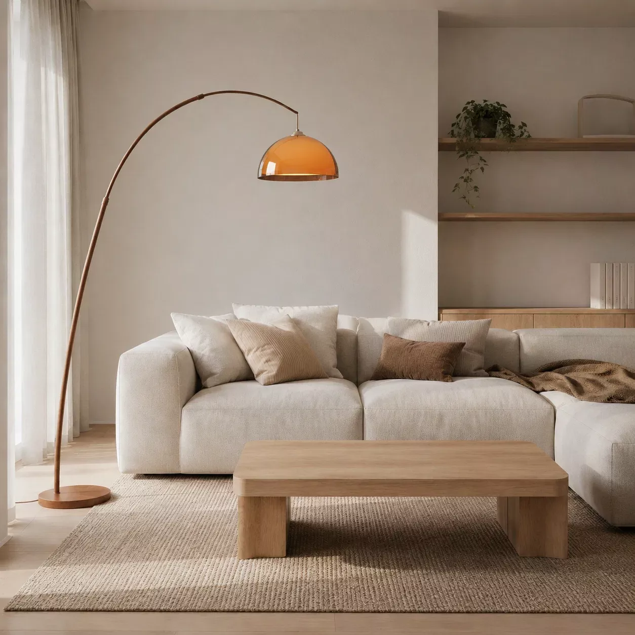 Iluka Modern Arc Floor Lamp - Adjustable Walnut & Amber Standing Lamp
