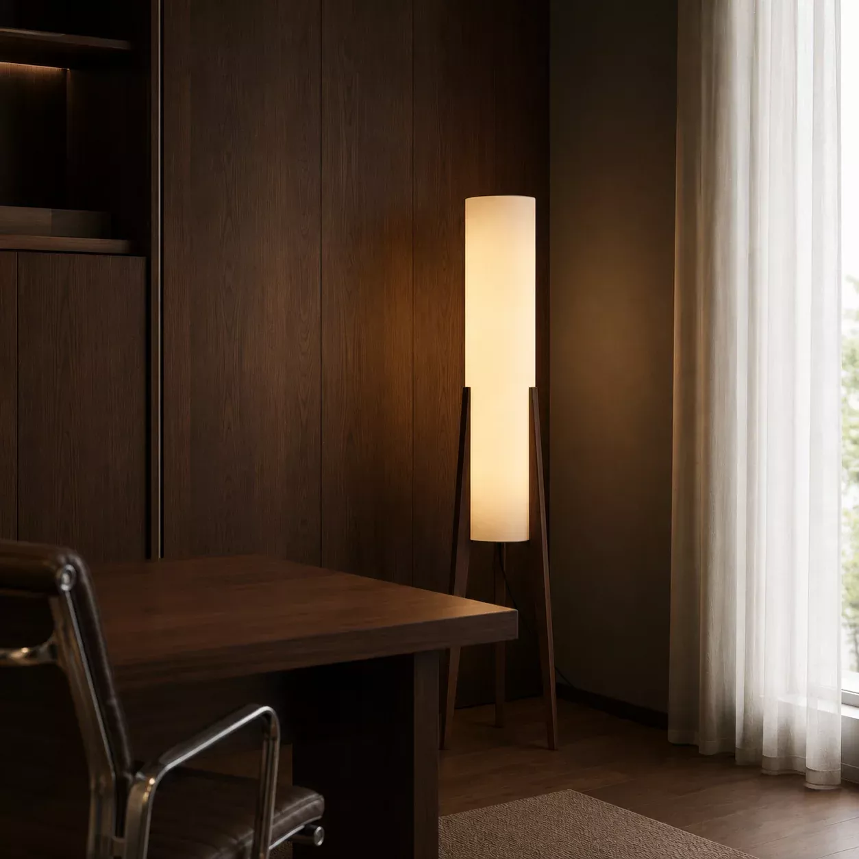 Jervis Walnut Wood Floor Lamp with Dimmable Fabric Shade