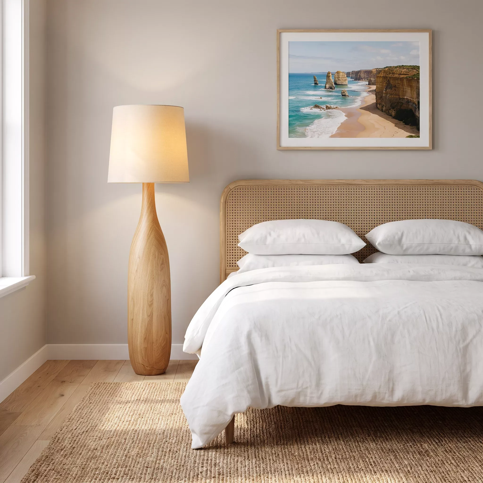 Kiwa Floor Lamp – Sculptural Wood Base Fabric Shade Floor Lamp