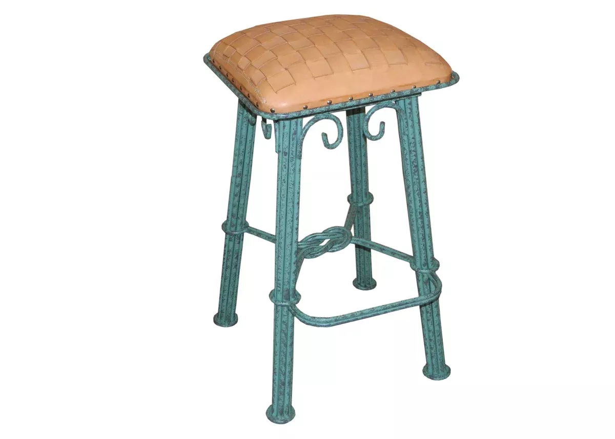 Natural Woven Leather Western Iron Barstool - Set of 2