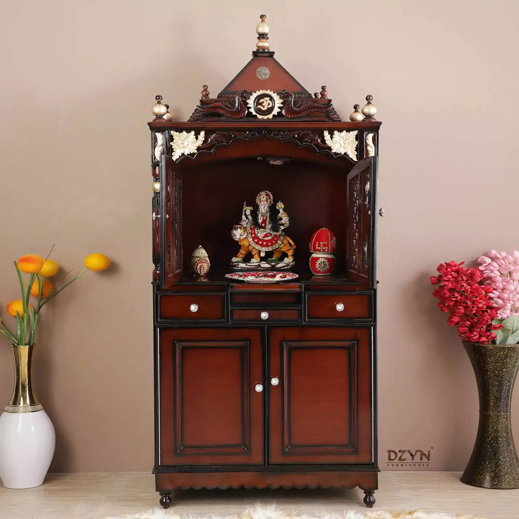 Pooja Graham Large Floor Rested Pooja Mandap with Door (Brown Gold)