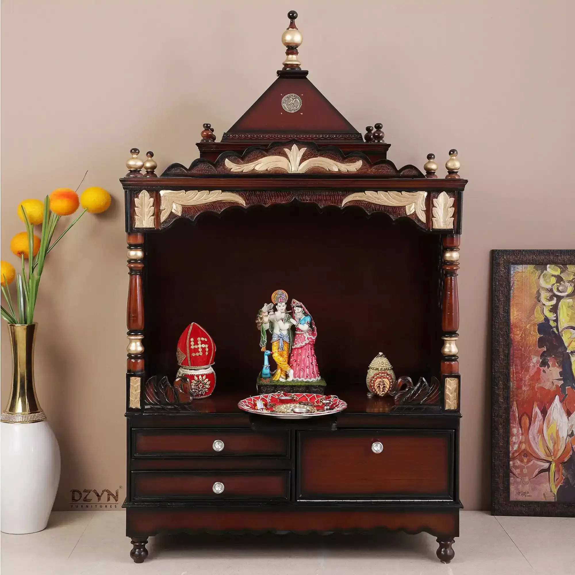 Sacred Home Large Floor Rested Pooja Mandir without Door (Brown Gold)