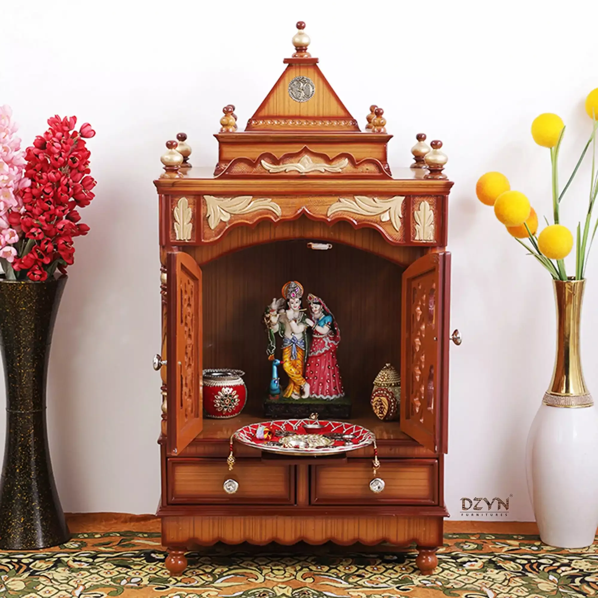 Sacred Space Medium Floor Rested Pooja Mandir With Door (Teak Gold)