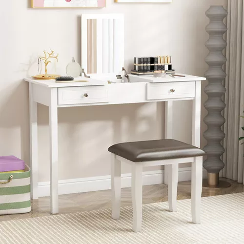 Set of 2 Faux Leather Vanity Stool Chair with Acacia Wood Legs