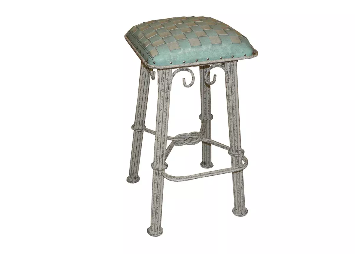 Turquoise Woven Leather Western Iron Barstool - Set of 2