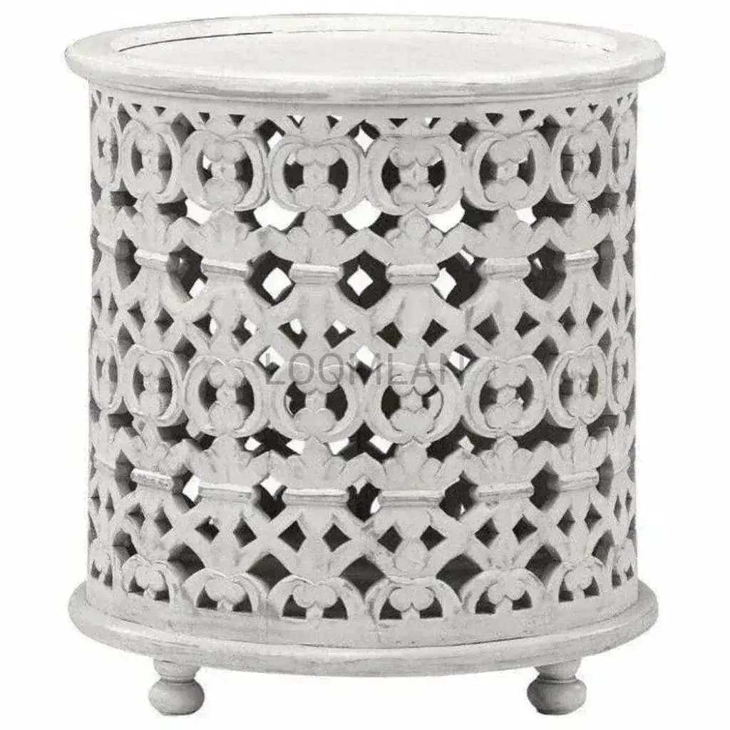 Tyrenna Hand Carved White Accent Table