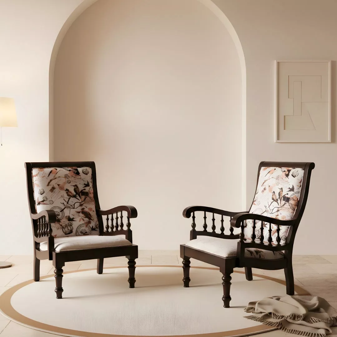 Vasper Teak Wood Fabric Upholstered Arm Chairs (Brown)