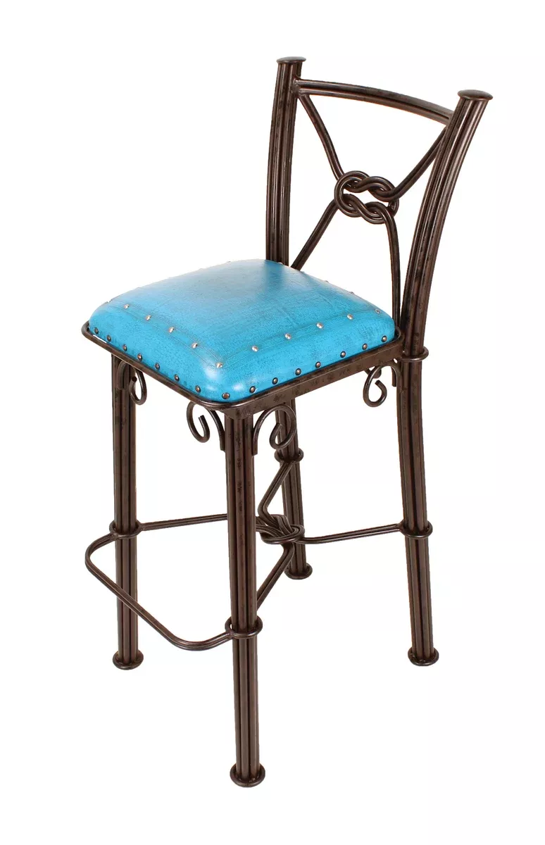 Western Iron Non-Swivel Barstools Plain with Tacks Blue Set of 2