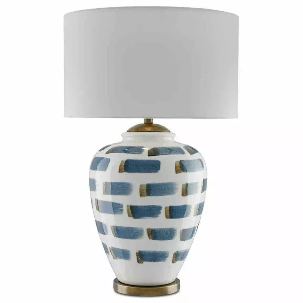 White Blue Antique Brass Brushstroke Table Lamp