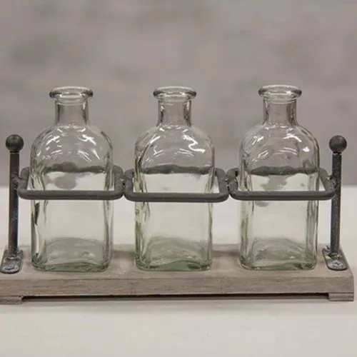 ^Wood & Iron Bottle Holder With 3 Bottles