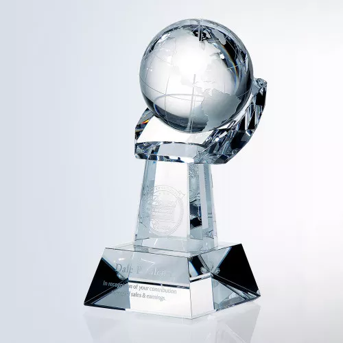 WORLD GLOBE ON CRYSTAL HAND, Crystal Award, 2 sizes available