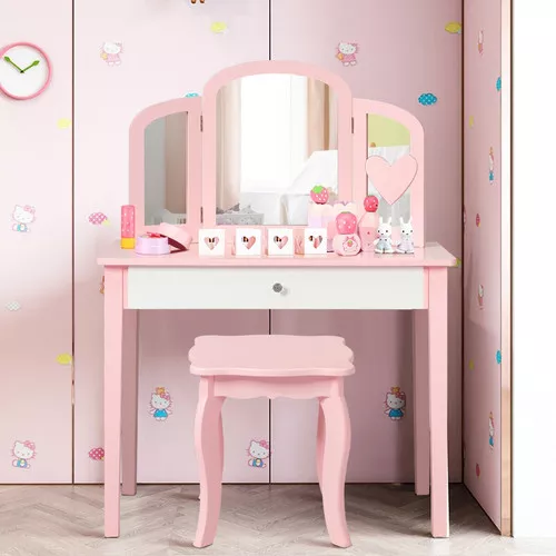 Young Princess Vanity Set with Tri-Folding Mirror and Chair for Dress-Up