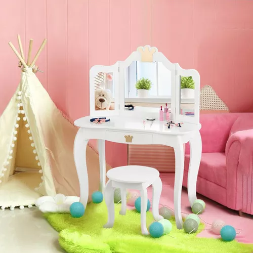 Youth Vanity Set with Tri-Folding Mirror and Stool for Makeup and Play